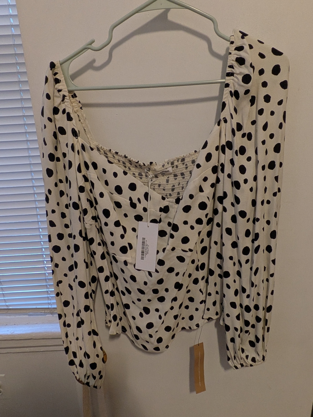 Reformation Polka Dot Long Sleeve Scoop Neck Top - Black on Cream